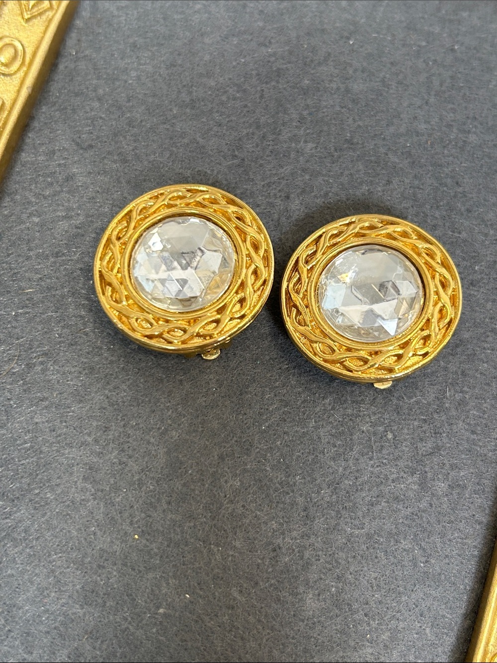 Vintage Liz Claiborne Gold-Tone Clear Crystal Button Clip On Earrings